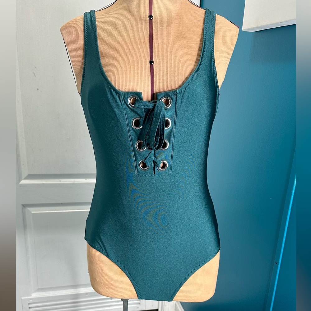 Womens Mossimo Bathing Swim Suit Small M Lace up One Piece Jungle Green